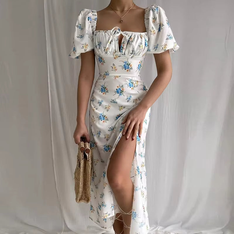 Elegant Square Collar Puff Sleeve Floral Printed Long Maxi Dresses