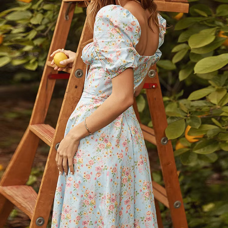 Elegant Square Collar Puff Sleeve Floral Printed Long Maxi Dresses
