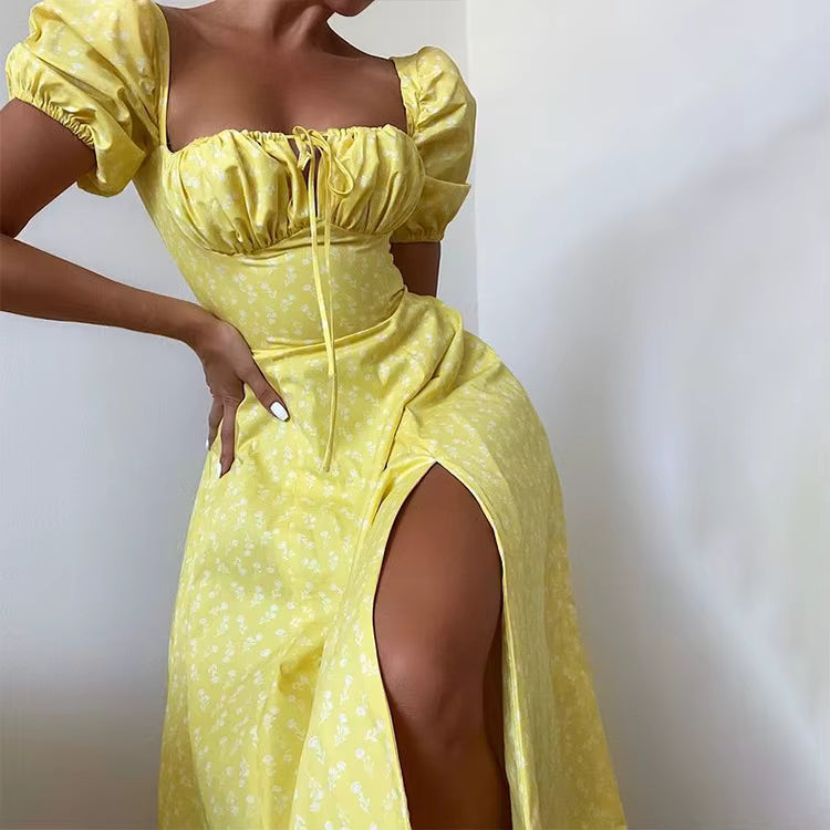 Elegant Square Collar Puff Sleeve Floral Printed Long Maxi Dresses