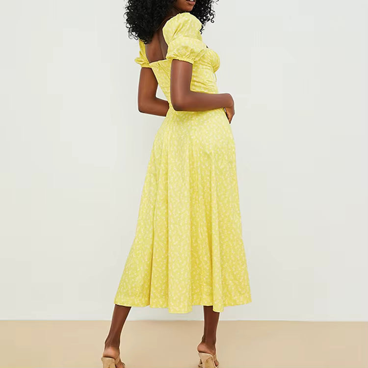 Elegant Square Collar Puff Sleeve Floral Printed Long Maxi Dresses
