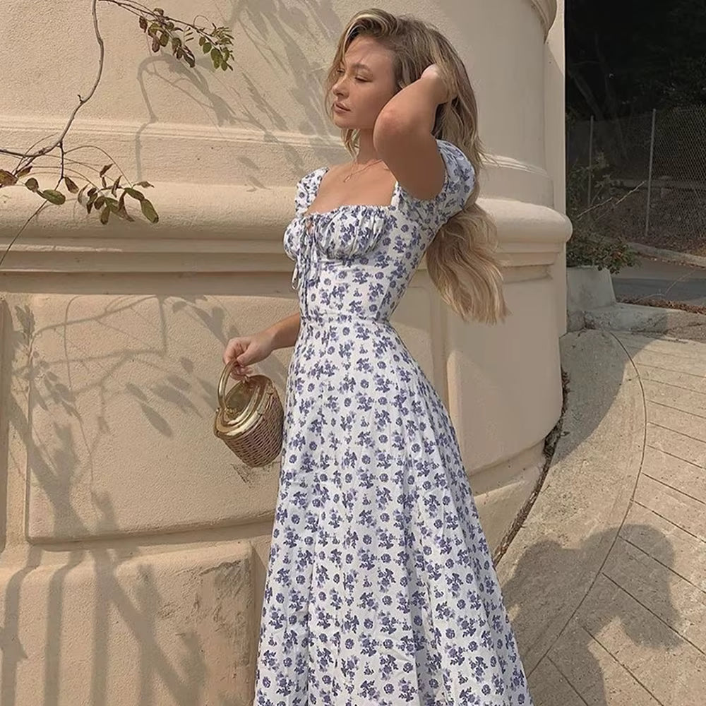 Elegant Square Collar Puff Sleeve Floral Printed Long Maxi Dresses