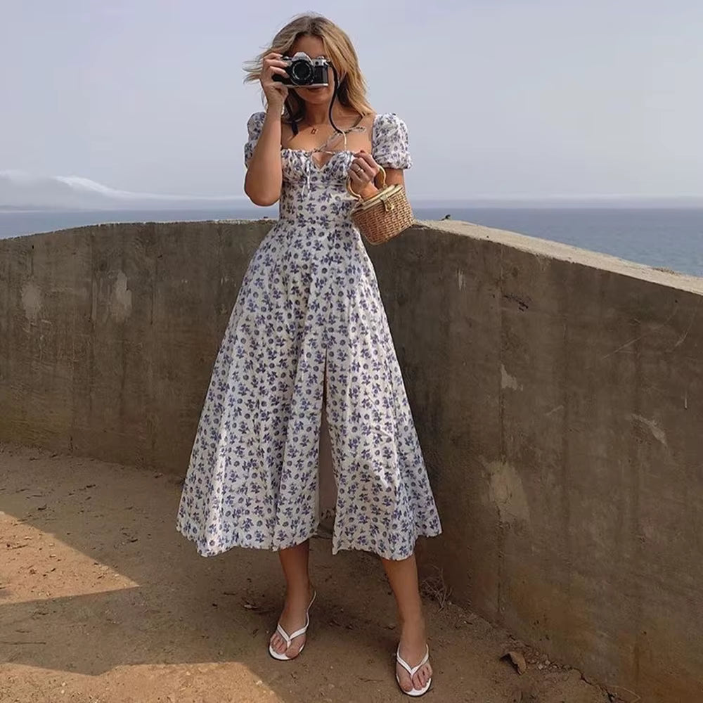 Elegant Square Collar Puff Sleeve Floral Printed Long Maxi Dresses