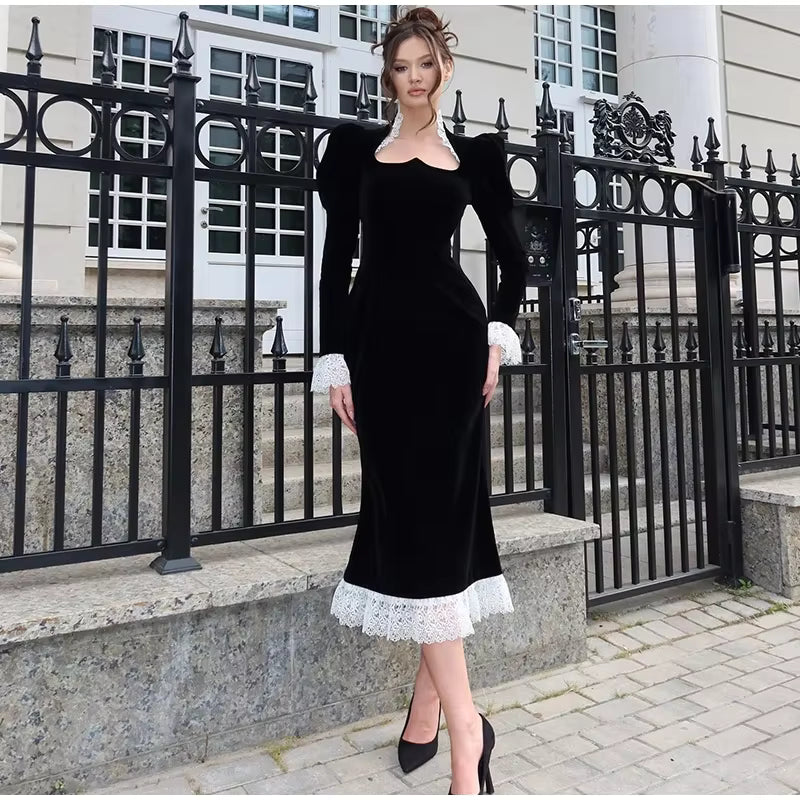 Elegant Square Collar Puff Sleeve Patchwork Slim Vintage Pleated Maxi Dresses