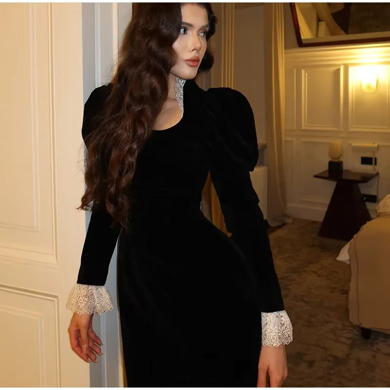 Elegant Square Collar Puff Sleeve Patchwork Slim Vintage Pleated Maxi Dresses