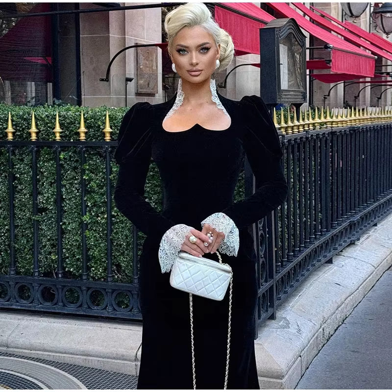 Elegant Square Collar Puff Sleeve Patchwork Slim Vintage Pleated Maxi Dresses