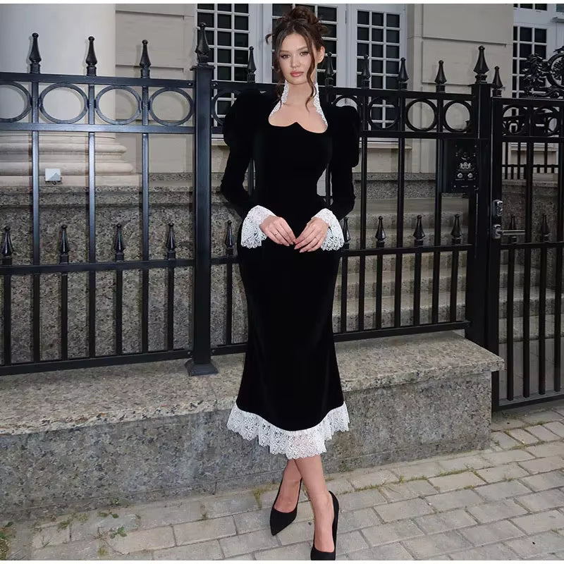 Elegant Square Collar Puff Sleeve Patchwork Slim Vintage Pleated Maxi Dresses