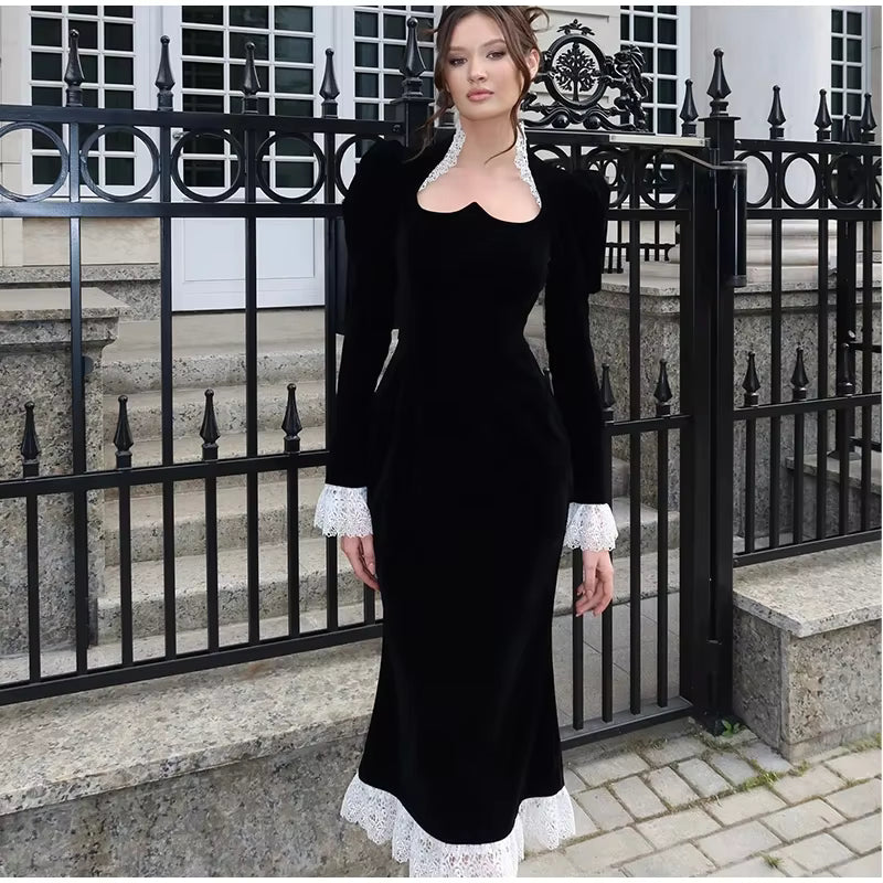 Elegant Square Collar Puff Sleeve Patchwork Slim Vintage Pleated Maxi Dresses