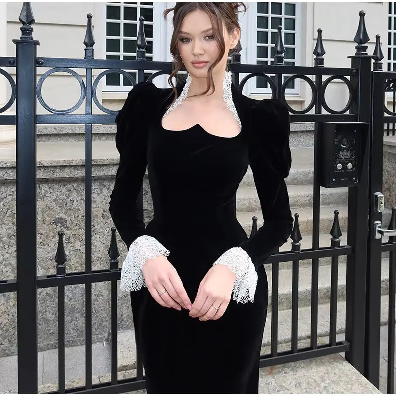 Elegant Square Collar Puff Sleeve Patchwork Slim Vintage Pleated Maxi Dresses
