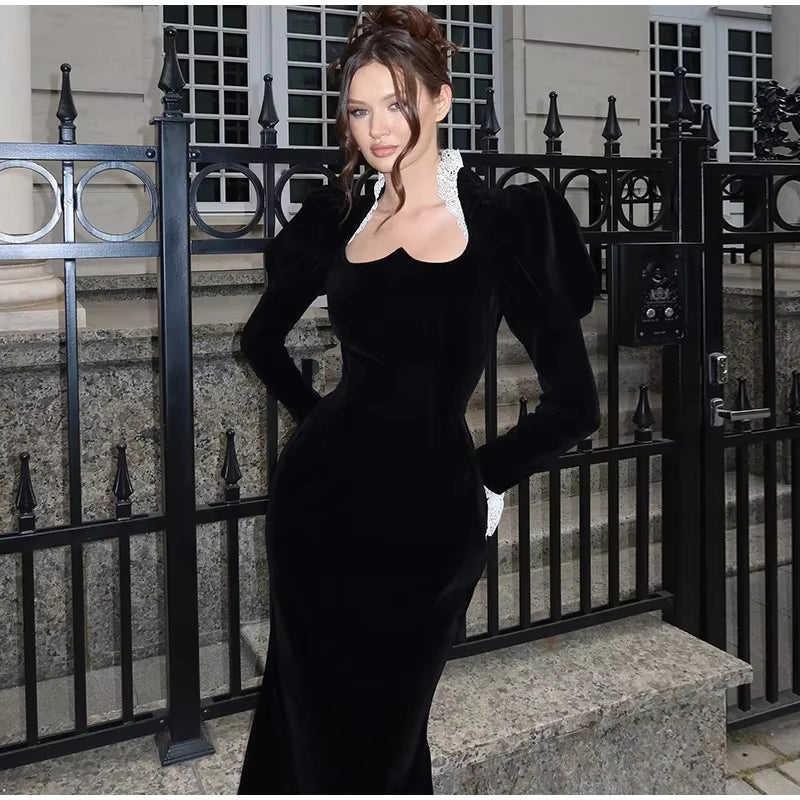 Elegant Square Collar Puff Sleeve Patchwork Slim Vintage Pleated Maxi Dresses