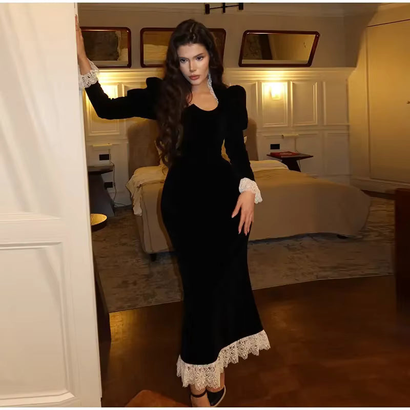 Elegant Square Collar Puff Sleeve Patchwork Slim Vintage Pleated Maxi Dresses