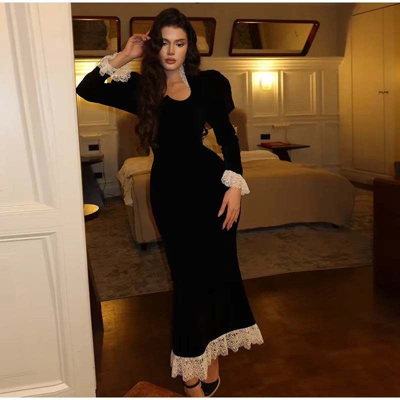 Elegant Square Collar Puff Sleeve Patchwork Slim Vintage Pleated Maxi Dresses
