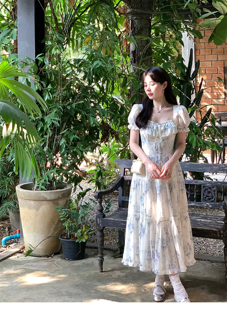 Elegant Square Collar Ruffles A-line Prom Vintage Floral Chiffon Midi Dresses
