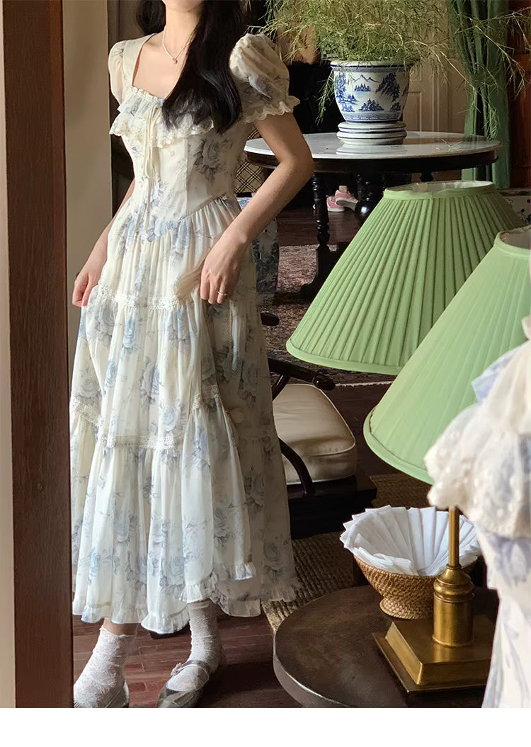 Elegant Square Collar Ruffles A-line Prom Vintage Floral Chiffon Midi Dresses