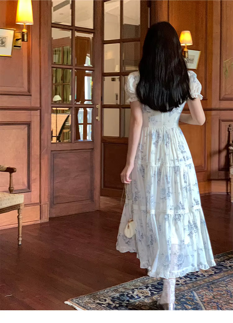 Elegant Square Collar Ruffles A-line Prom Vintage Floral Chiffon Midi Dresses