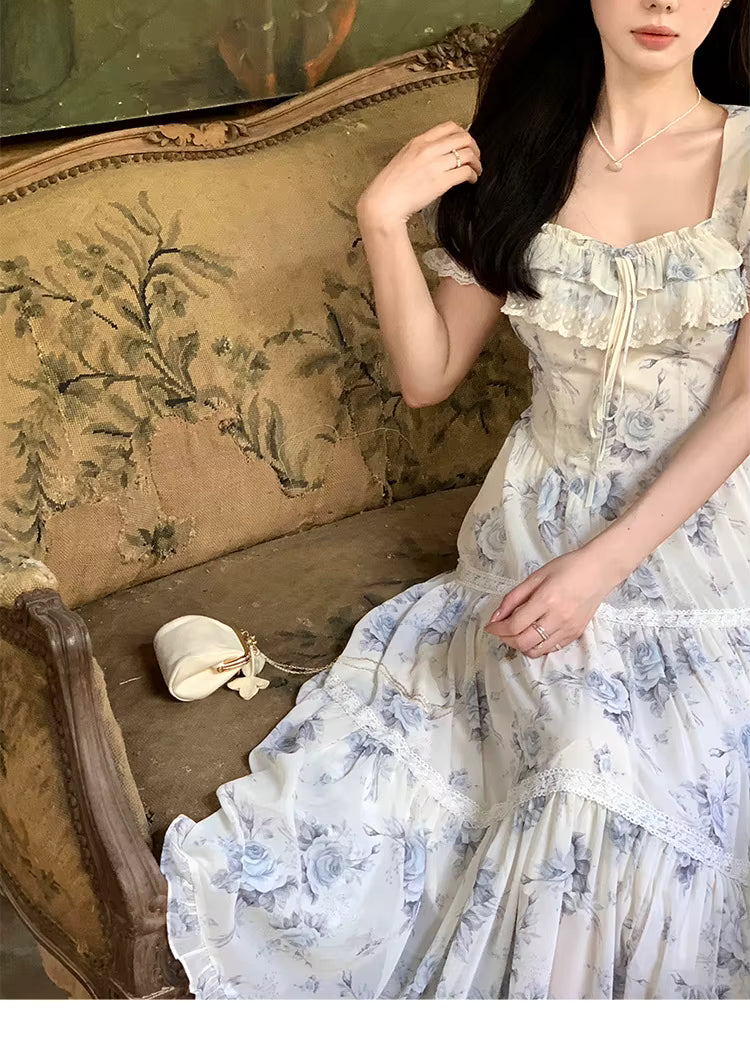 Elegant Square Collar Ruffles A-line Prom Vintage Floral Chiffon Midi Dresses