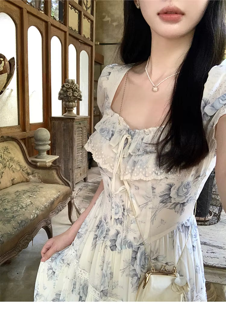 Elegant Square Collar Ruffles A-line Prom Vintage Floral Chiffon Midi Dresses