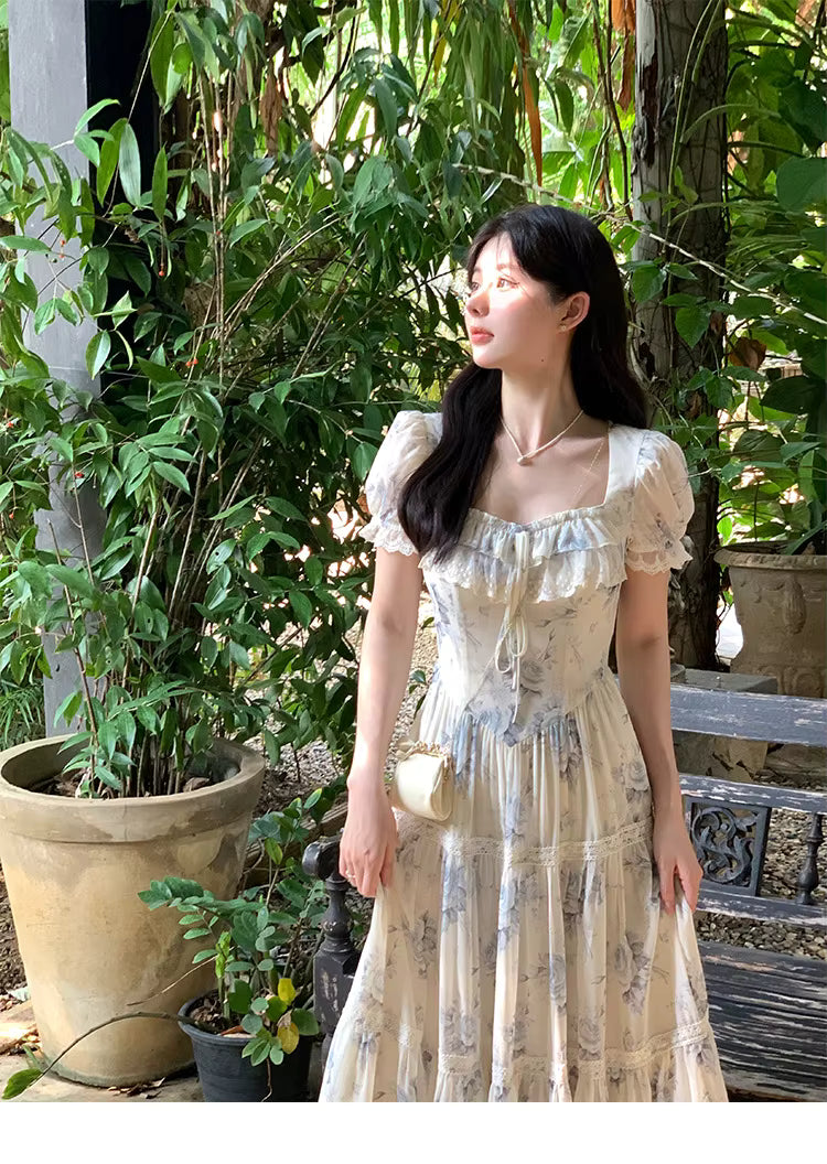 Elegant Square Collar Ruffles A-line Prom Vintage Floral Chiffon Midi Dresses