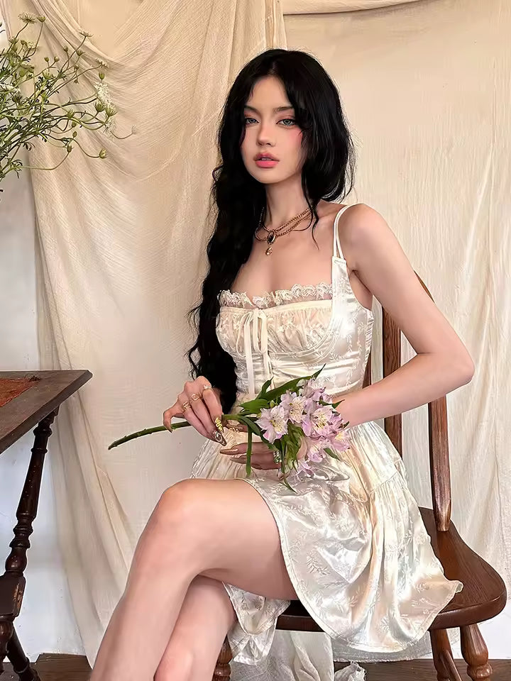 Elegant Square Collar Satin Floral Lace Regular Fit Mini Dress