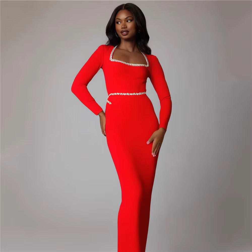 Elegant Square Collar Shinning Crystal Bodycon Long Bandage Maxi Dress