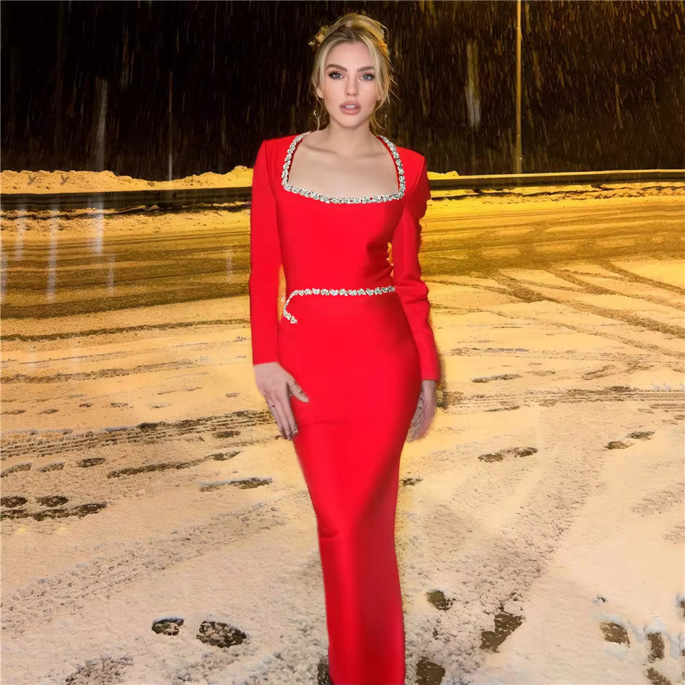 Elegant Square Collar Shinning Crystal Bodycon Long Bandage Maxi Dress