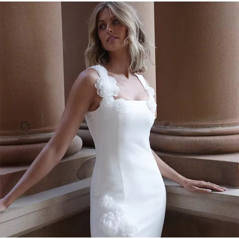 Elegant  Square Collar Sleeveless Backless 3D Flower Sling Mini Dress