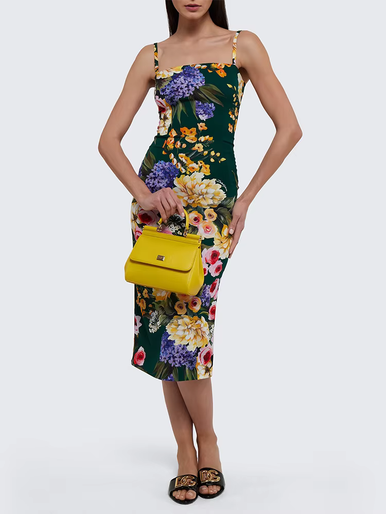 Elegant Square Collar Sleeveless High Waist Floral Printing Midi Dress