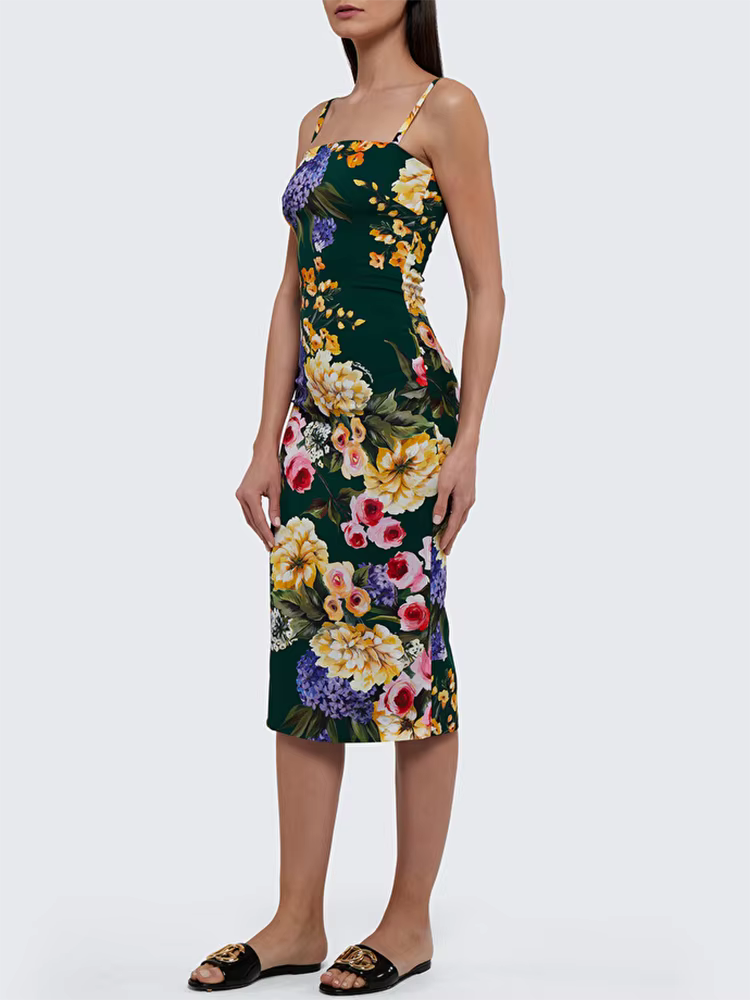 Elegant Square Collar Sleeveless High Waist Floral Printing Midi Dress