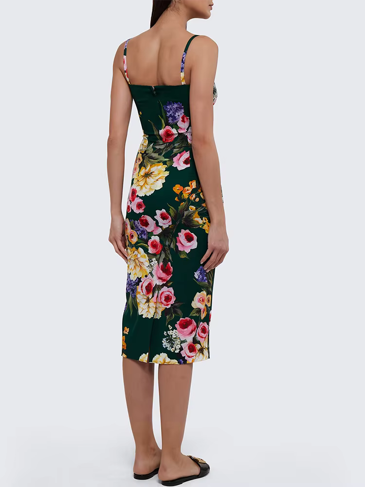 Elegant Square Collar Sleeveless High Waist Floral Printing Midi Dress