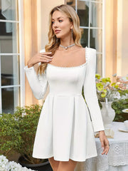 Elegant Square Neck Long Sleeve Pleated Long Sleeve Mini Dress