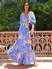 Elegant Square Neck Puff Sleeve Short Sleeve Floral Maxi Dress