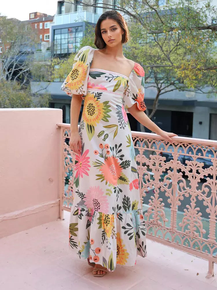 Elegant Square Neck Puff Sleeve Short Sleeve Floral Maxi Dress