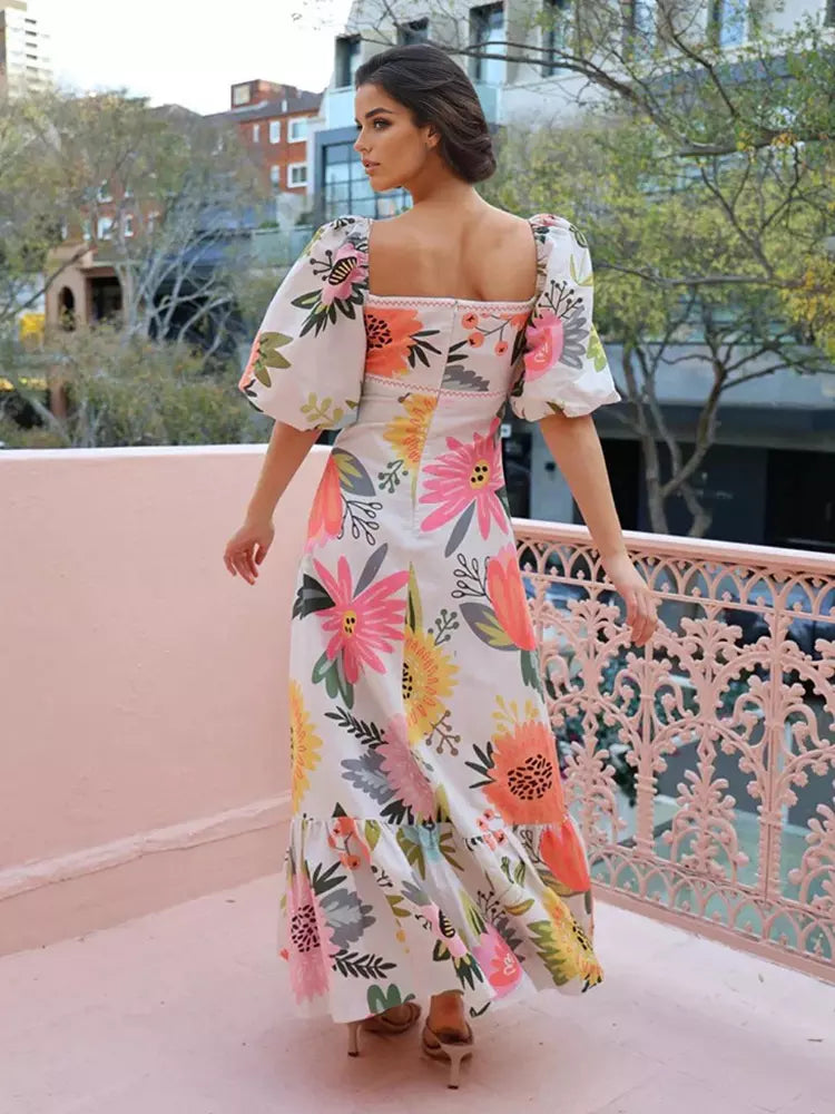 Elegant Square Neck Puff Sleeve Short Sleeve Floral Maxi Dress