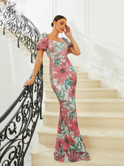 Elegant Square Neck Sequin Mermaid Party Dress