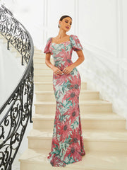 Elegant Square Neck Sequin Mermaid Party Dress