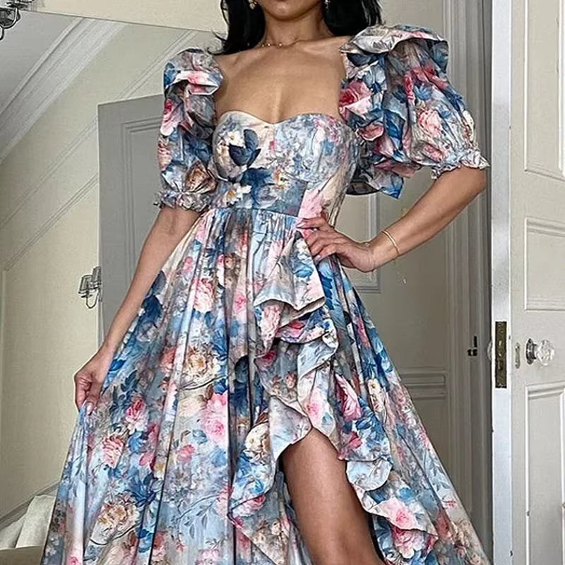 Elegant Square Neck Short Sleeve Garden Print Ruffles Slit Maxi Dress
