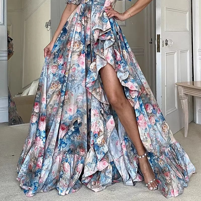 Elegant Square Neck Short Sleeve Garden Print Ruffles Slit Maxi Dress