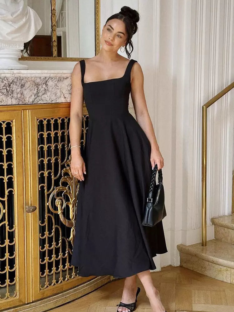 Elegant Square Neck Sleeveless A-line Dating Birthday Midi Dress