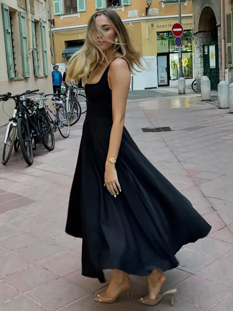 Elegant Square Neck Sleeveless A-line Dating Birthday Midi Dress