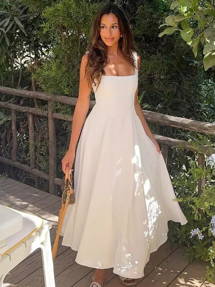 Elegant Square Neck Sleeveless A-line Dating Birthday Midi Dress