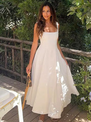Elegant Square Neck Sleeveless A-line Dating Birthday Midi Dress