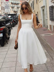 Elegant Square Neck Sleeveless A-line Dating Birthday Midi Dress