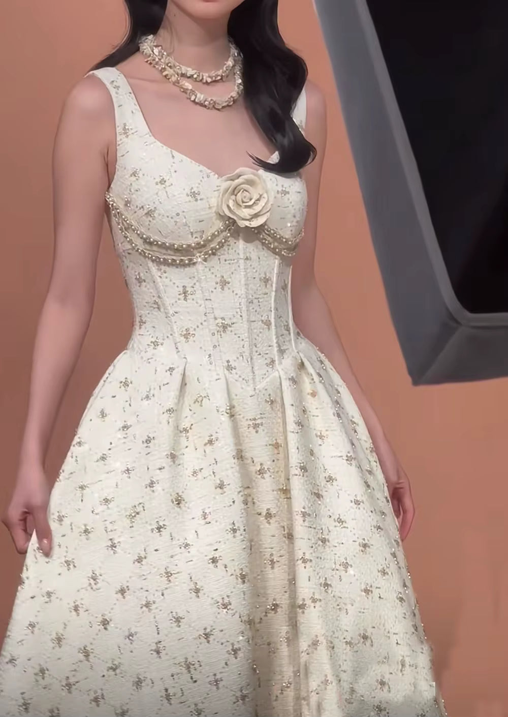 Elegant Square Neck Sleeveless Patchwork Chain Flower Maxi Dress