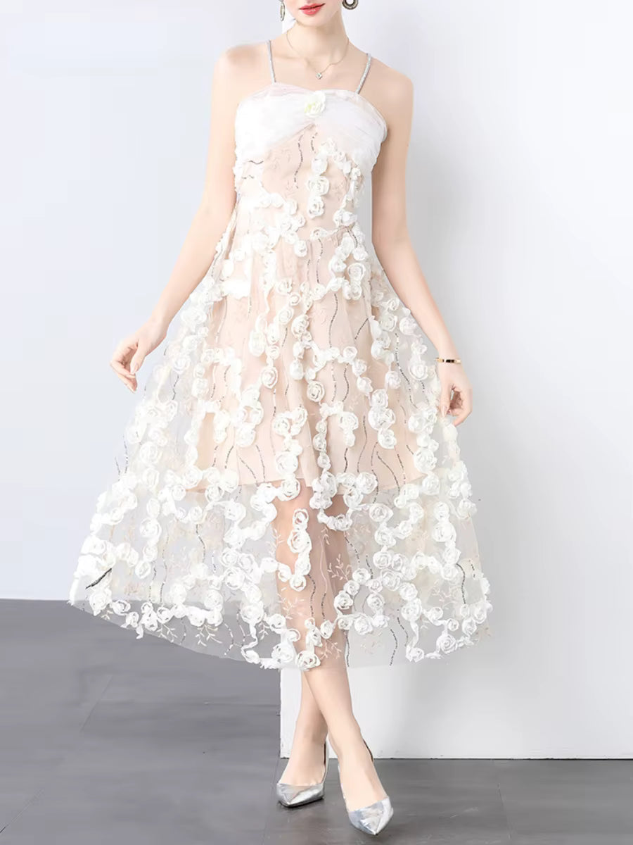 Elegant Square Neck Sleeveless Patchwork Mesh Applique Midi Dress