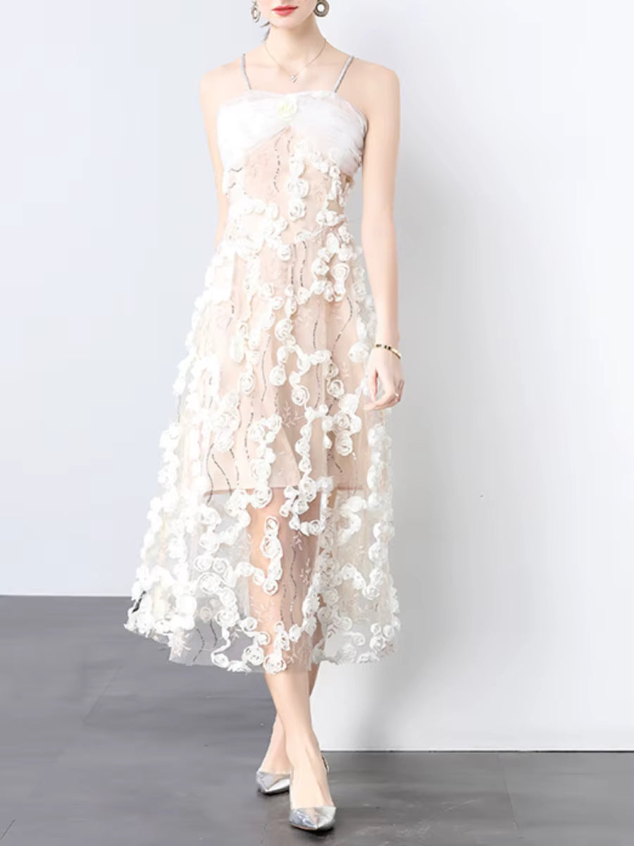 Elegant Square Neck Sleeveless Patchwork Mesh Applique Midi Dress