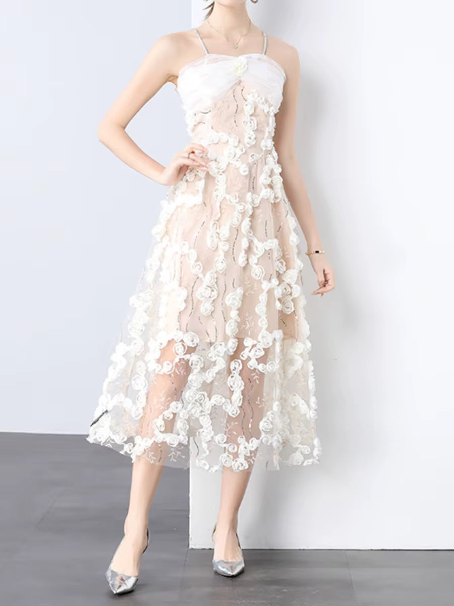 Elegant Square Neck Sleeveless Patchwork Mesh Applique Midi Dress