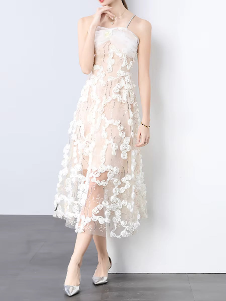 Elegant Square Neck Sleeveless Patchwork Mesh Applique Midi Dress