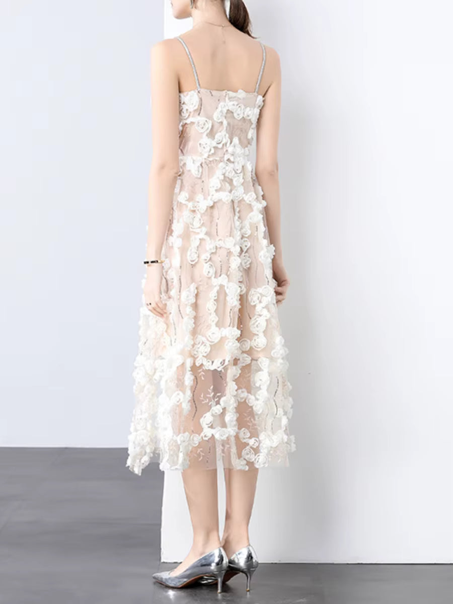 Elegant Square Neck Sleeveless Patchwork Mesh Applique Midi Dress