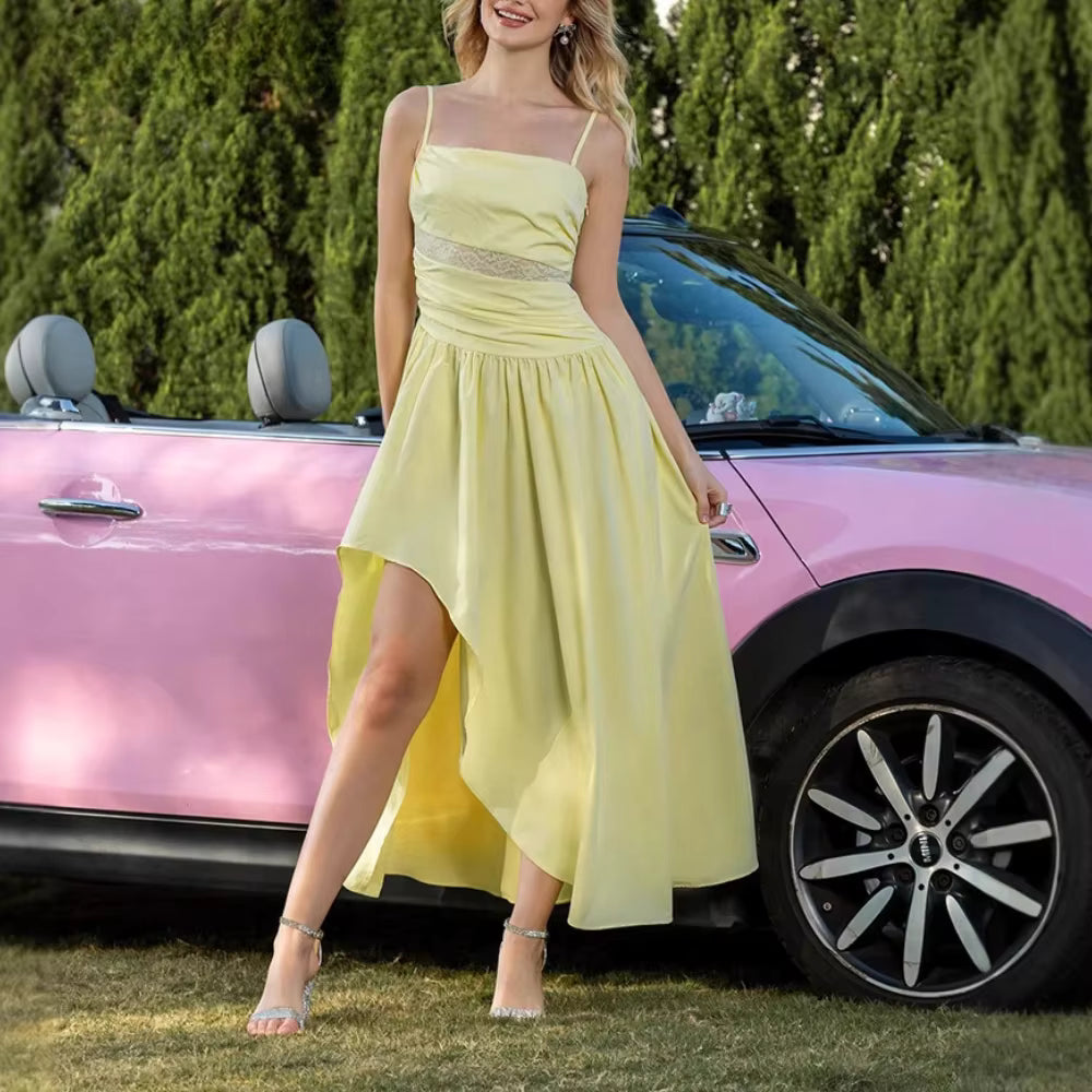 Elegant Square Neck Sleeveless Patchwork Ruffles Spliced Mesh Maxi Dress