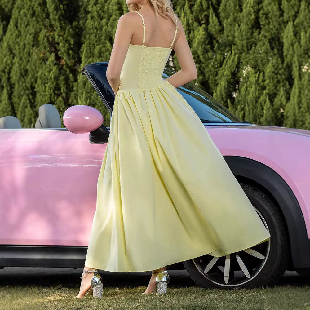 Elegant Square Neck Sleeveless Patchwork Ruffles Spliced Mesh Maxi Dress