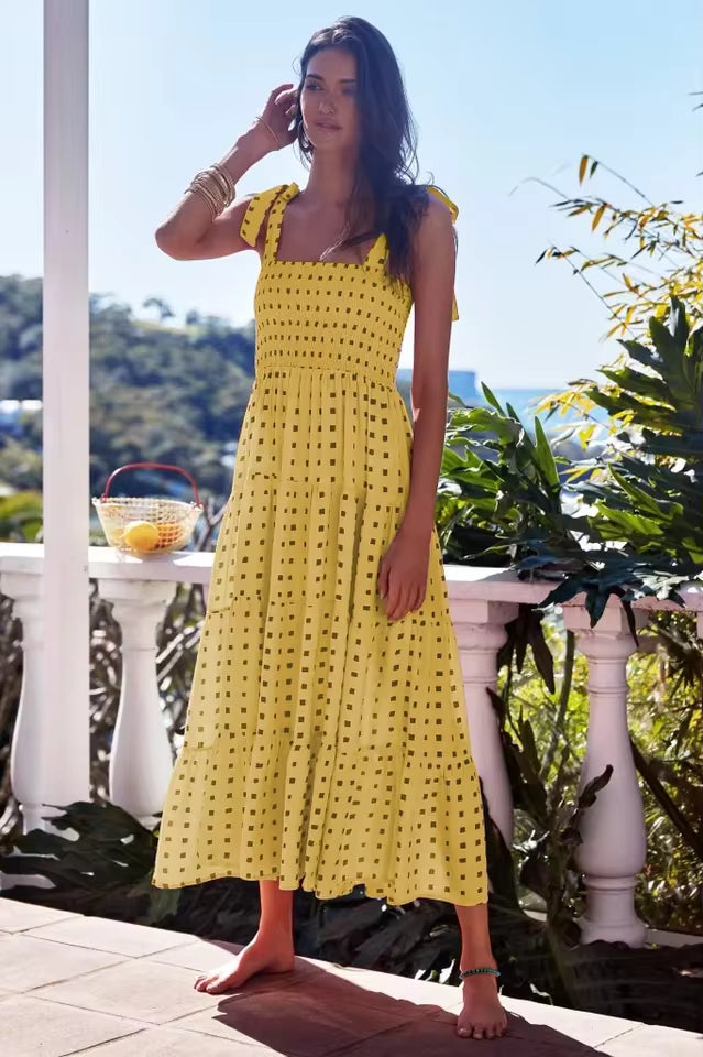 Elegant Square Neck Sleeveless Printed Outdoor Long Tank Dress